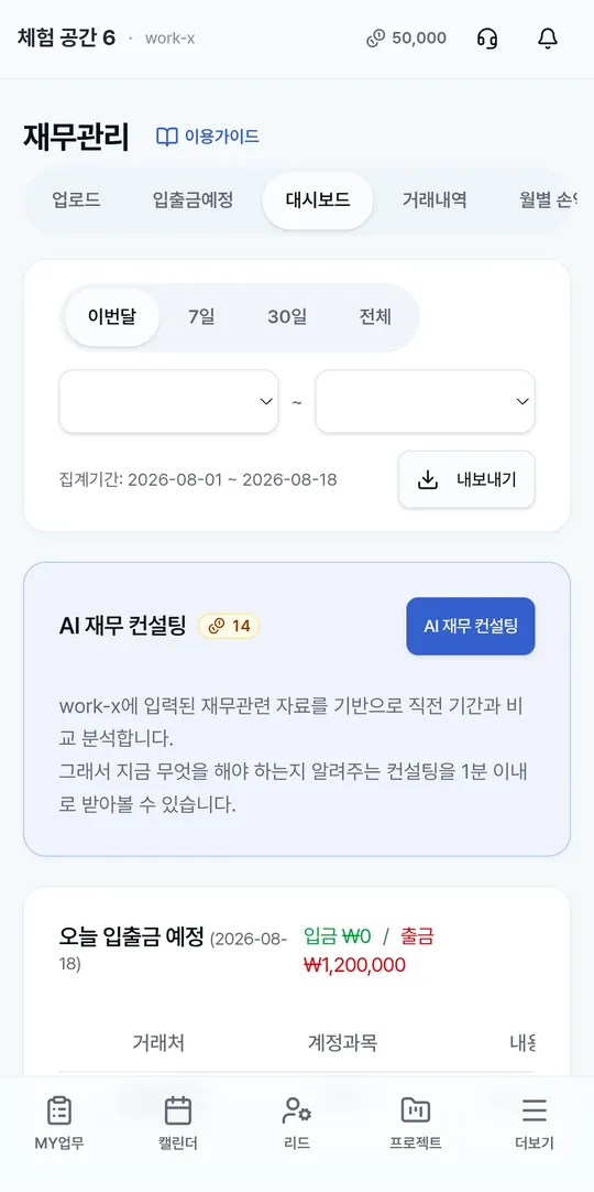 Work-X 재무관리 — AI 재무 컨설팅과 입출금 예정